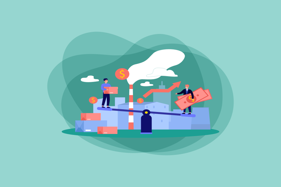 Graphic of people on a seesaw outside a factory, one holding cash, the other holding boxes of product